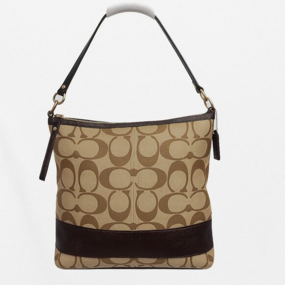 Coach Signature Stripe Tote Bag Khaki / Mahogany Brown 👜 Pre-Owned - Picture 1 of 8